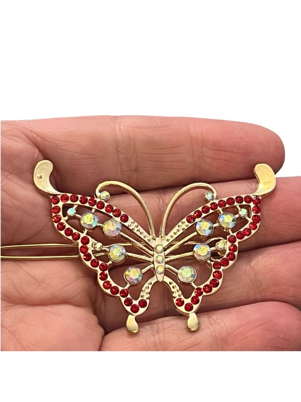 Gold Tone Butterfly Hair Clip with Red Iridescent Stones 3.0” FINAL PRICE DROP